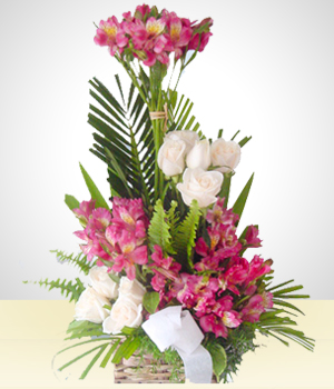 Flores a  Arreglo de Condolencias  con Astromelias Lilas y Rosas