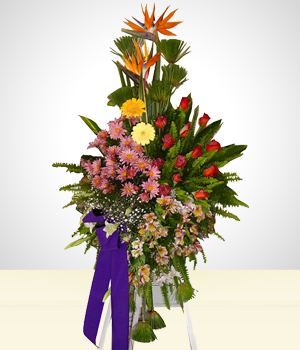 Flores a  Arreglo de Condolencias con Rosas y Gerberas en Trpode