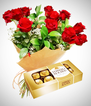 Chocolates - Combo Pareja Perfecta: Bouquet de 12 Rosas y Chocolates