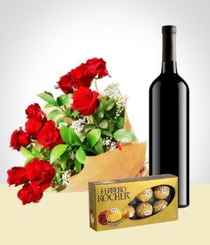 Felicitaciones - Combo Elegancia: Bouquet de 12 Rosas + Vino + Chocolates